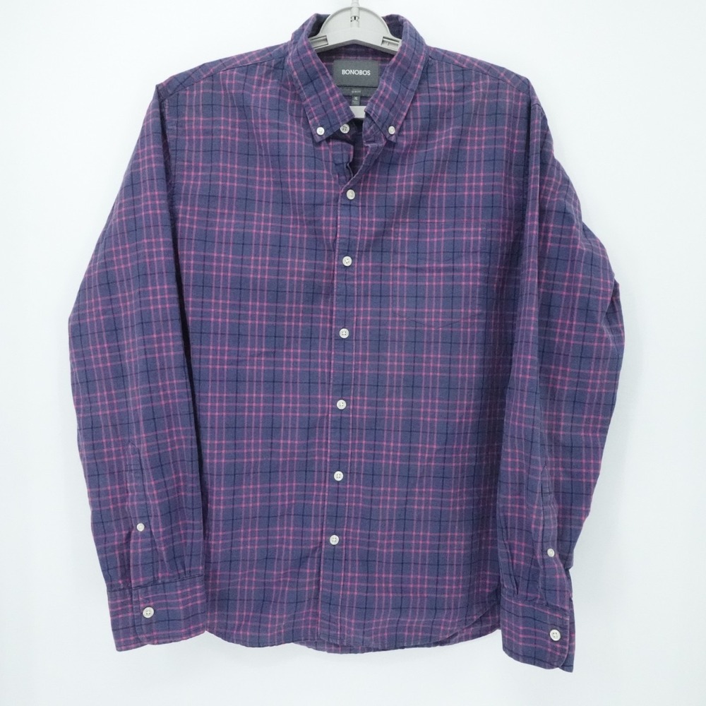 Bonobos Shirt Mens Extra Large Navy‎ Pink Plaid Slim Fit Long Sleeve Casual
